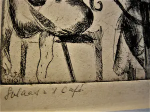 Jeanne Bieruma Oosting - ORIGINELE 1940 (Epr. d'Art.) ETS "soldaat in cafe" - potloodgesigneerd - kopen? Bied vanaf 168!