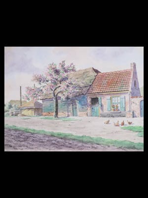 Antonius Hubertus Nordberg - Boerenerf met kippen en hooiberg - Aquarel kopen? Bied vanaf 30!