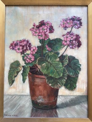 H. Wiegman - Olieverf schilderij roze plant in pot, gelijst en gesigneerd kopen? Bied vanaf 45!