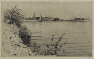 Johannes Henrichs - Ets, Gezicht op meer met boten en stad in de verte - Ingelijst kopen? Bied vanaf 1!