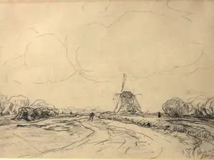 Jan Hillebrand Wijsmuller - Potloodtekening - Schaatser in landschap met molen kopen? Bied vanaf 75!