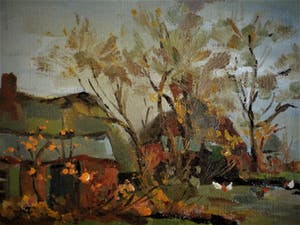 Niet of onleesbaar gesigneerd - Charmant impressionistisch olieverf(je) "Boerderij en kippen" monogram HP kopen? Bied vanaf 10!