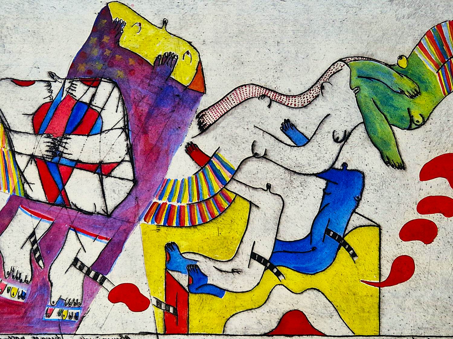 Hannes Postma - Grote handgekleurde reliëf Ets - 1966 - E.A. exemplaar "twee armlengten" kopen? Bied vanaf 58!