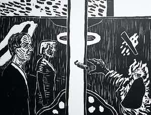 Roger Raveel - Voor de poort, houtsnede verkocht voor € 295!