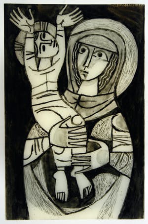 Jacques Frenken - Glas schildering Madonna met kind (sarcasme), Picasso stijl, c1965 kopen? Bied vanaf 35!