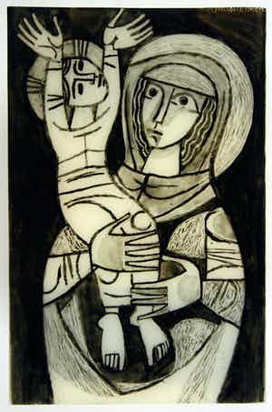 Jacques Frenken - Glas schildering Madonna met kind (sarcasme), Picasso stijl, c1965 verkocht voor € 35!