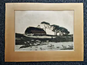 Tjeerd Bottema - Grote potloodgesigneerde Ets "schaapskooi te Ede" in passe partout kopen? Bied vanaf 1!