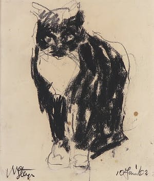 Wim Steijn - Houtskooltekening, Poes kopen? Bied vanaf 35!