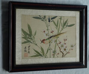 Niet of onleesbaar gesigneerd - Acryl op doek , Japan , Vogel in bloesemtak – ingelijst kopen? Bied vanaf 1!