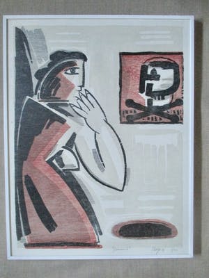 Yvan Theys - Ingelijste houtsnede "Peinzend" kopen? Bied vanaf 60!