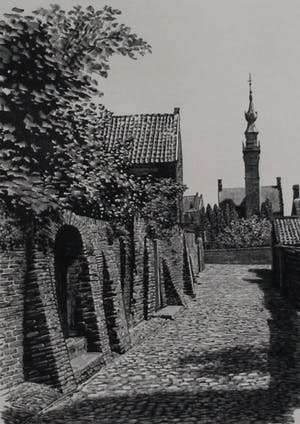 Dirk van Gelder - Houtgravure: Veere - 1953 kopen? Bied vanaf 49!