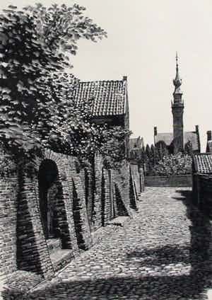 Dirk van Gelder - Houtgravure: Veere - 1953 verkocht voor € 49!