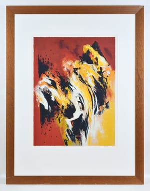 Mattie Schilders - Gele rotsen als wolken om een bergtop - Ingelijst - Groot kopen? Bied vanaf 50!