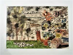 Rudi Bierman - 1964 -Grote maatschappij kritische Aquarel "Eenrichtingskijkers" verkocht voor € 38!