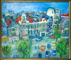 Ron van den Bosch - Olieverf op doek, Zonder titel (stadsbeeld) - Ingelijst (Groot) verkocht voor € 1!