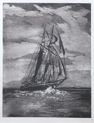 Rutger-Jan Bredewold - Ets, Schip te water - Ingelijst kopen? Bied vanaf 40!