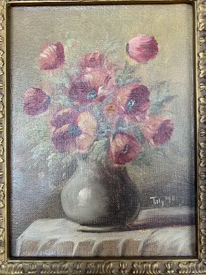 Tilly Moes - Klaprozen in groene vaas op tafel met kleed kopen? Bied vanaf 50!