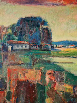 Wil van Leeuwen - Groot expressionistisch olieverf op paneel - Avond te Bretagne - 1960 - sign. kopen? Bied vanaf 69!