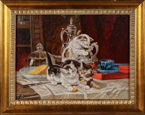 Buy Albert Temming - Olieverf op doek, Katten op tafel - Ingelijst? Bid from 100!