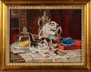 Buy Albert Temming - Olieverf op doek, Katten op tafel - Ingelijst? Bid from 100!