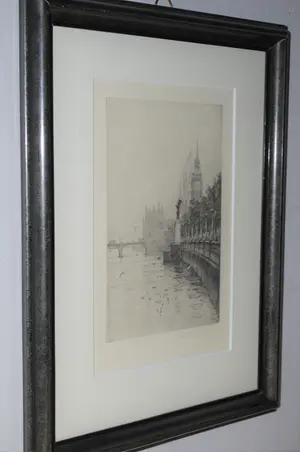 Rowland Langmaid - Londen - het RAF memorial en Houses of Parliament - ets kopen? Bied vanaf 60!