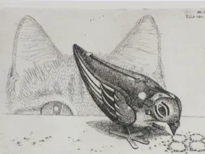 Ella van Schaik - Vogel en Kat - Ets kopen? Bied vanaf 40!