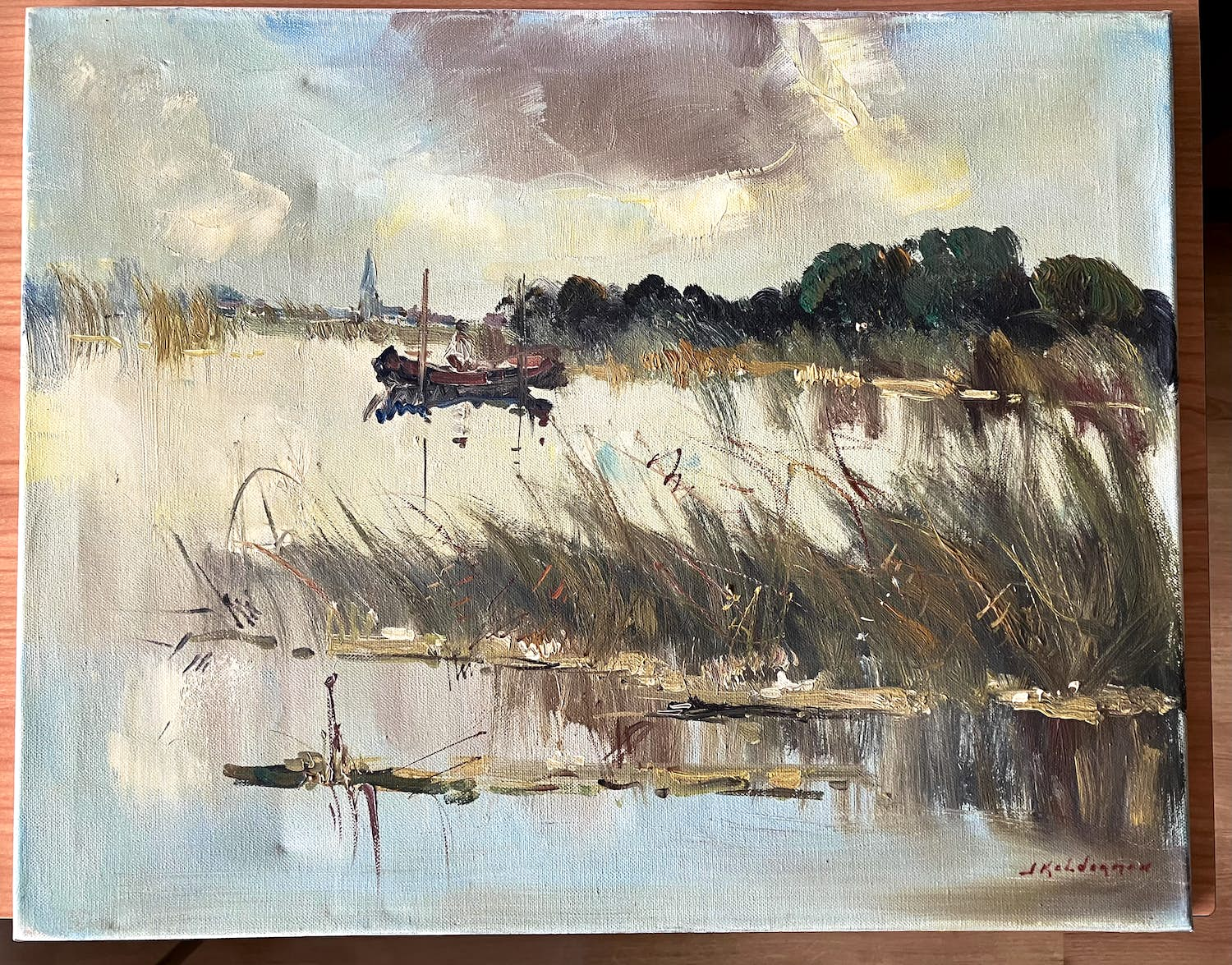 Jan Kelderman - Bootje op meer met rietkraag. sold for € 85!