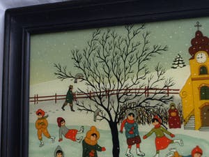 Renate Koblinger-Drobar - Achterglasschildering , Wintergezicht – gesigneerd & ingelijst – ca 1980 kopen? Bied vanaf 1!