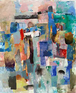 Wil Bouthoorn - Abstracte compositie, olieverf op doek (ingelijst, groot) vendu pour 795€ !