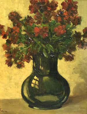 Hein Kever - B9645, Stilleven met rode bloemen in zwarte vaas verkocht voor € 250!