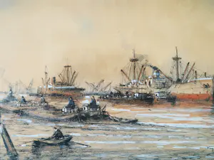 Wim Bos - fraaie pastelkrijt op papier "bedrijvigheid in de Rotterdamse haven" gesigneerd kopen? Bied vanaf 60!