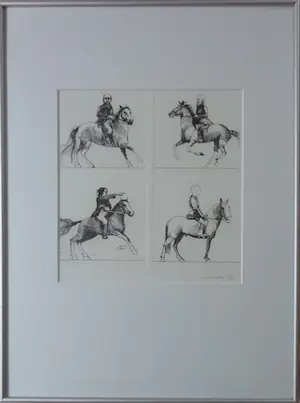 Aat Verhoog - VIER RUITERS TE PAARD / 4x ZW-W ETS / 67x50cm / KADER / SIG kopen? Bied vanaf 25!