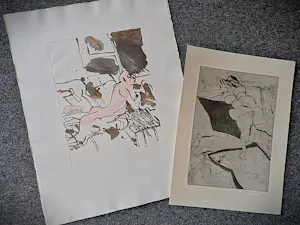 Robert Terwindt - Twee (2) Etsen (1x kleur 1x Z/W) "naakte vrouw op strand" gesigneerd kopen? Bied vanaf 38!