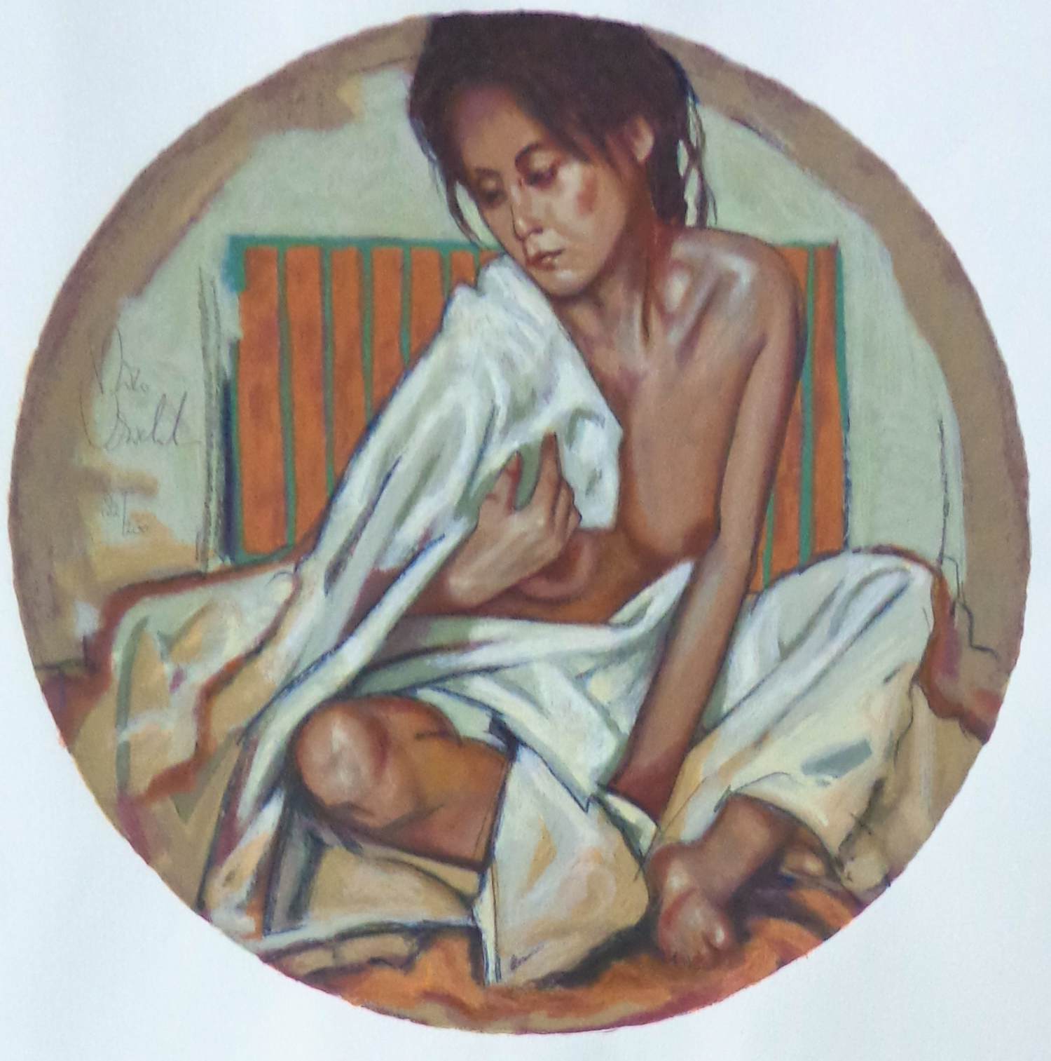 Nico Vrielink - HALFNAAKTE ZITTENDE VROUW / KLEURZEEFDRUK / 62x61cm / SIG kopen? Bied vanaf 35!