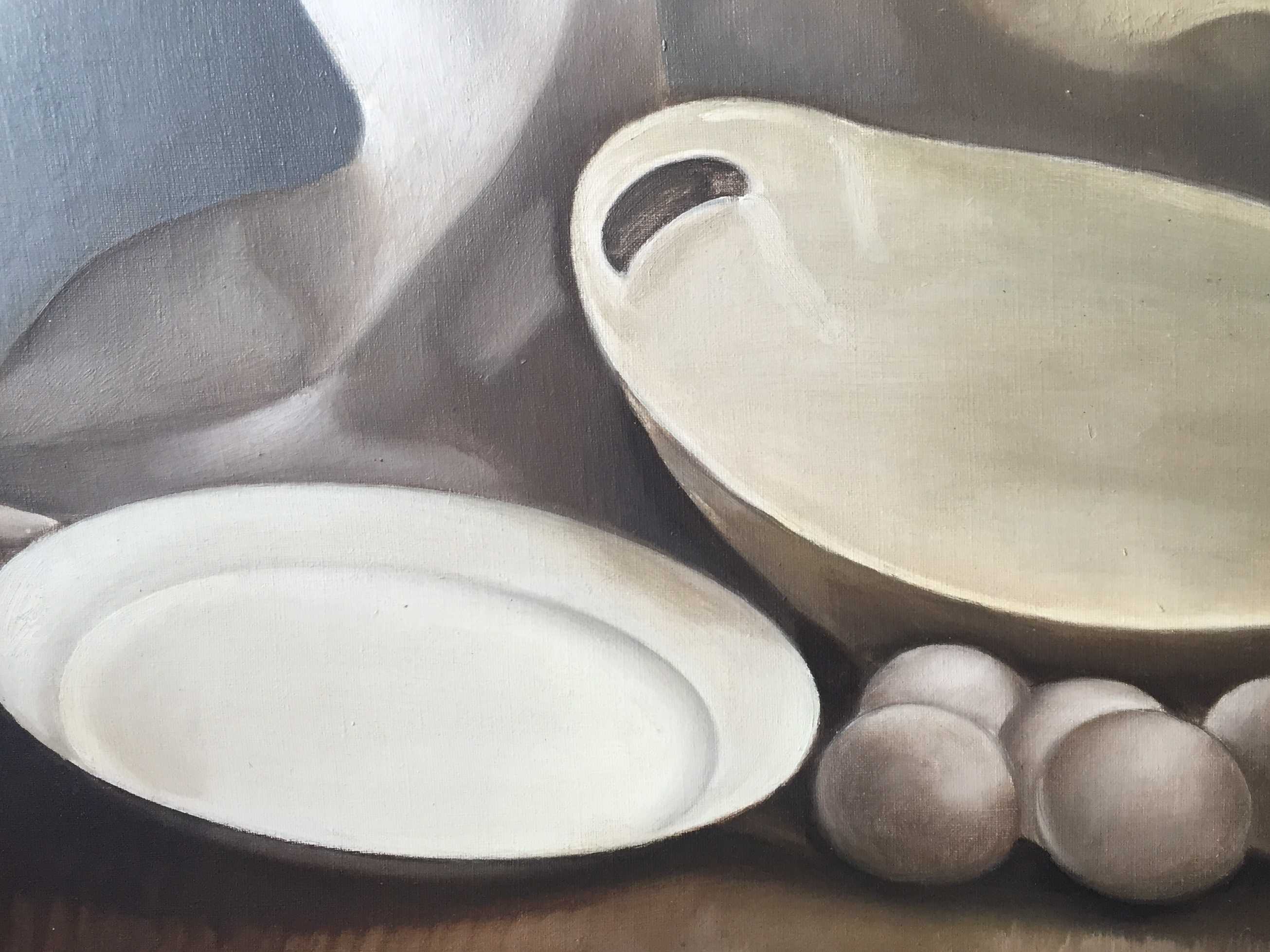 Kees Boendermaker - Stilleven (groot!) met eieren, banaan en schaal op rieten stoel kopen? Bied vanaf 650!