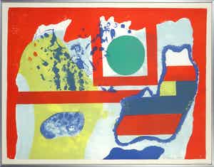 Jef Diederen - Linosnede, Compositie rood - Ingelijst verkocht voor € 35!