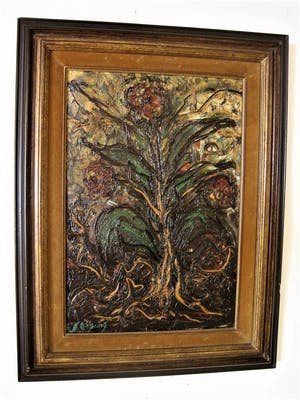 Niet of onleesbaar gesigneerd - Interessant Jaren 50/60 Expressionist olieverf "bloeiende Roos" gesigneerd - kopen? Bied vanaf 1!