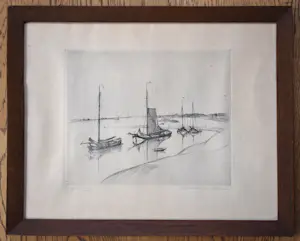 Antoon Derkzen van Angeren - Schepen aangemeerd achter de duinen. kopen? Bied vanaf 50!