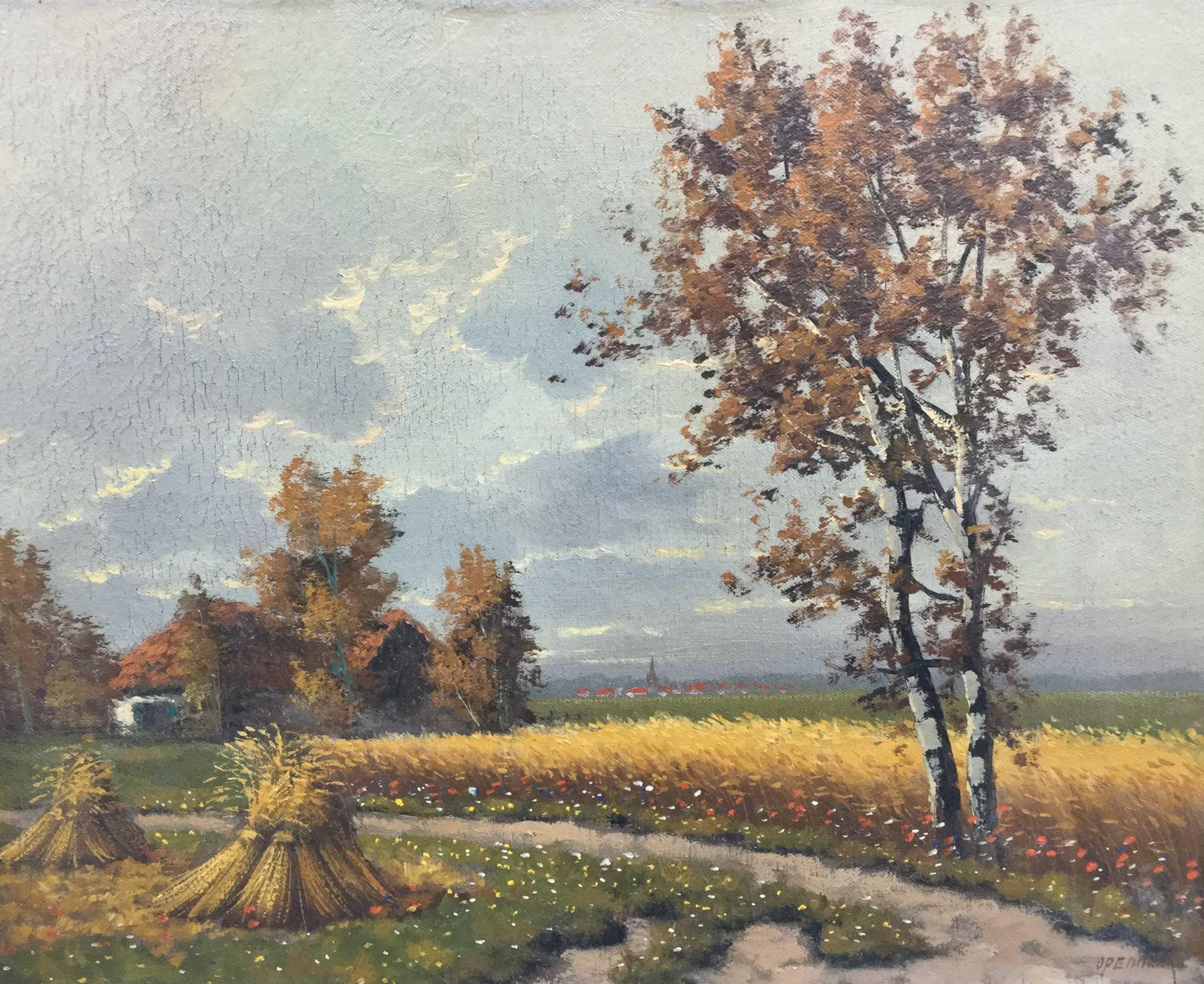 Niet of onleesbaar gesigneerd - C2324-2 Boerenlandschap met korenschoven en dorpsgezicht kopen? Bied vanaf 1!