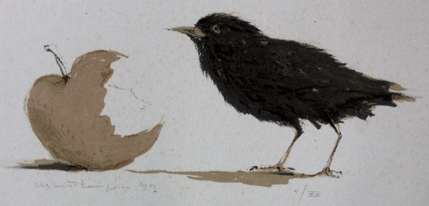 Mart Kempers - Litho: Vogel en appel - 1982 verkocht voor € 60!
