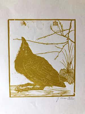 Jan Mankes - Houtsnede kleine kraai kijkend naar mugje - Gesigneerd - 1918 verkocht voor € 395!