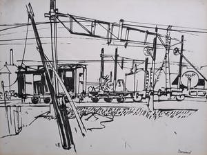 Frans Hollaardt - Rangeerterrein in Delft, tekening/aquarel (netjes ingelijst) kopen? Bied vanaf 1!