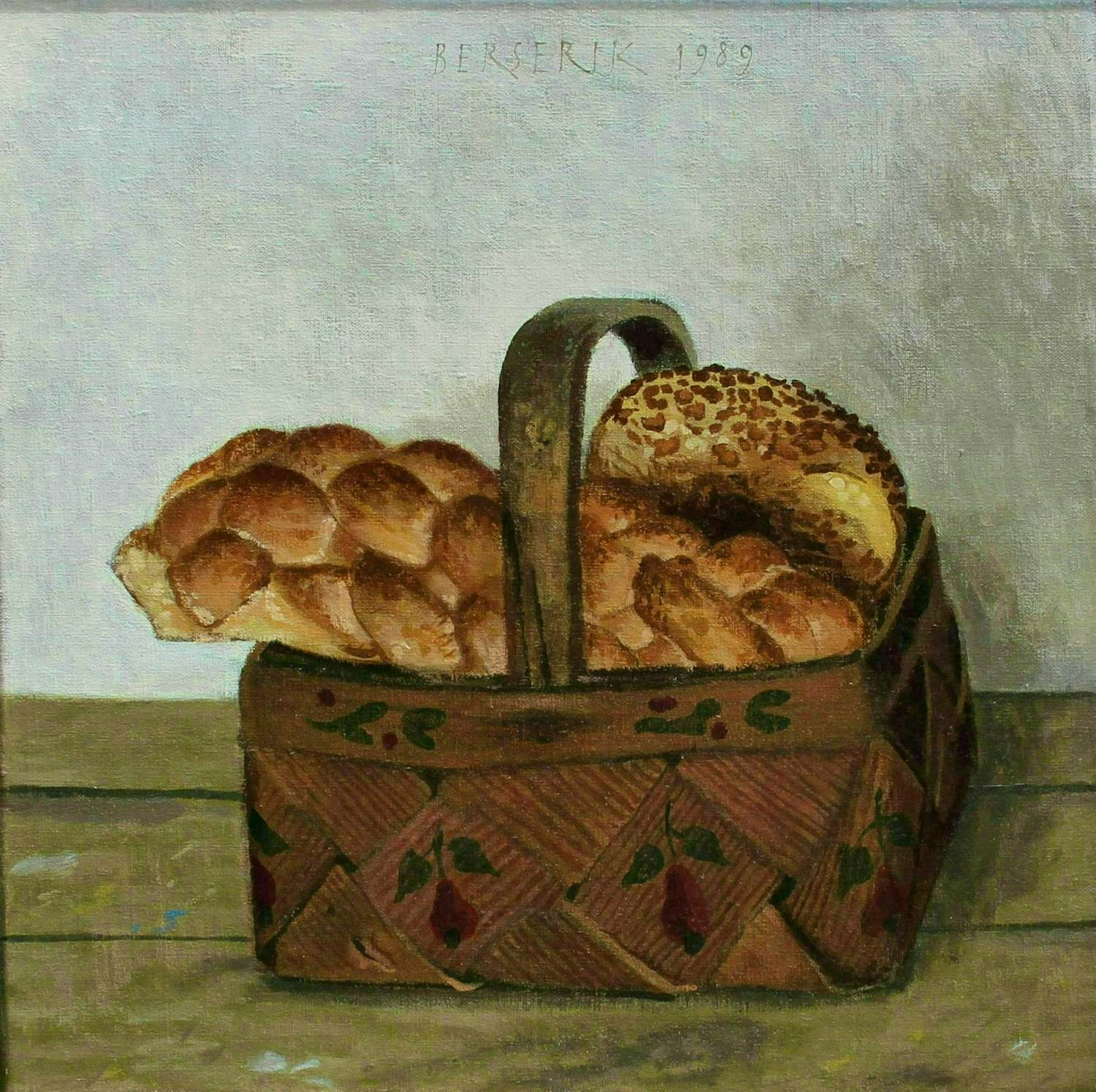 Herman Berserik - acryl op doek - stilleven:mand met broden - 1989 verkocht voor € 2250!