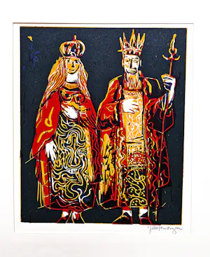 Jan Mensinga - twee typische JM kleuren lithografieen "Koningspaar en koningen" gesigneerd kopen? Bied vanaf 46!