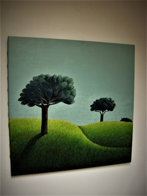 Erna van Mondfrans - Fraai verstild realistisch olieverf "Parasolbomem in Landschap" gesigneerd kopen? Bied vanaf 80!