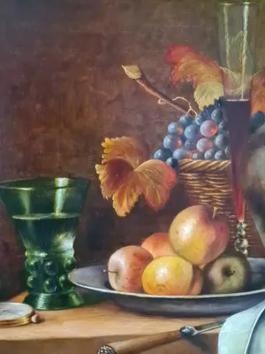 Hans Habraken - Stilleven met aardewerken kruik, druiven en appels kopen? Bied vanaf 450!