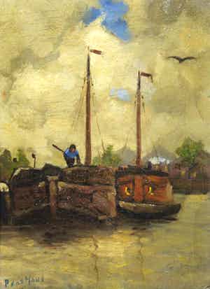 Piet in 't Hout - olieverf op paneel - "afgemeerde schepen" verkocht voor € 69!