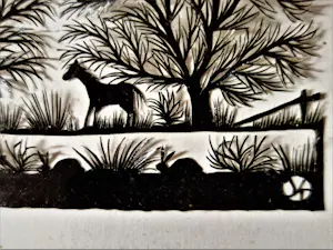 Joke Varkevisser-Kooi - Bijzonder knap miniatuur geknipte voorstelling "Paard onder bomen" gesigneerd kopen? Bied vanaf 28!