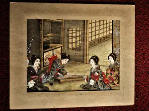 Niet of onleesbaar gesigneerd - Japan omstreeks 1930 - Fraaie verf op zijde "Geisha's maken muziek" kopen? Bied vanaf 1!