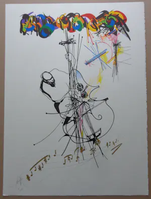 Raymond Moretti - CONTRABAS MUZIKANT / KLEURLITHO / 76x56cm / SIG kopen? Bied vanaf 45!